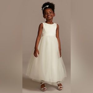 David’s Bridal Ivory Satin Flower Girl Dress with Tulle Skirt